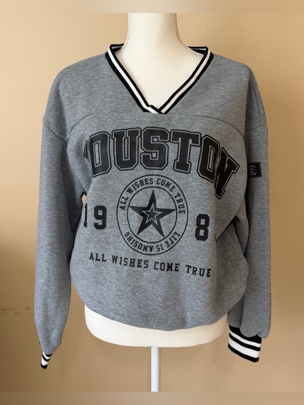SHEIN Houston Oversized V-Neck Graphic Sweatshirt Gray Pullover Varsity XS